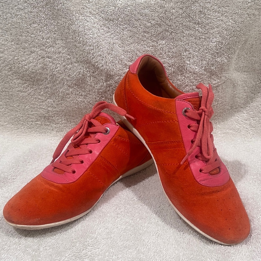 Bally Vibrant Red and Pink Suede Sneakers—37